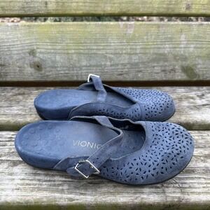 Vionic Lidia Navy Blue Suede Laser Cut Mary Jane Mules Clog Sz 9 Minimalist Core